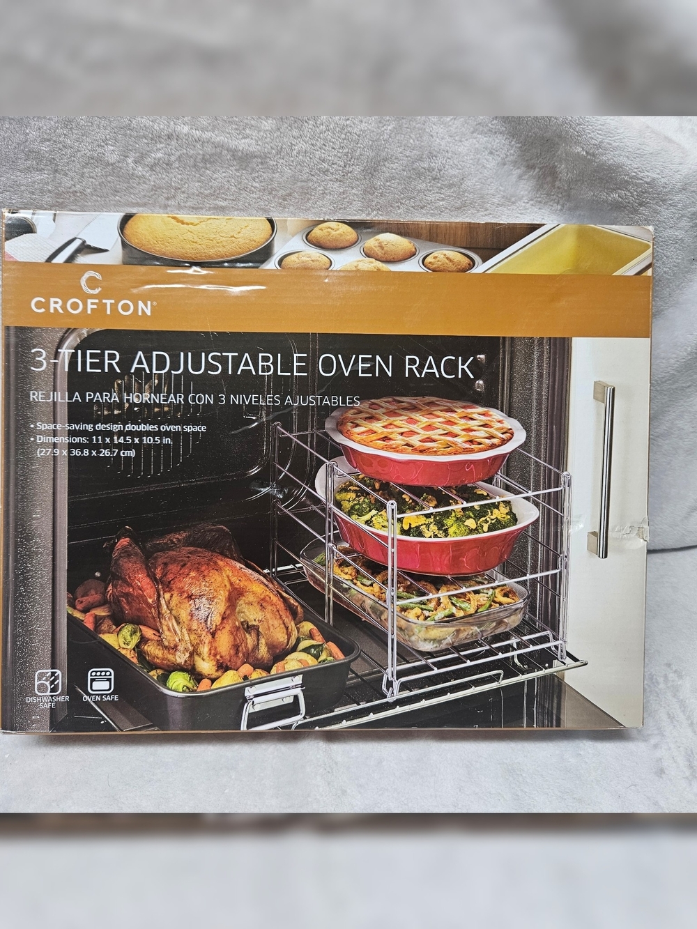 Crofton 3-Tier Adjustable Oven Rack in Silver with Orange Accent